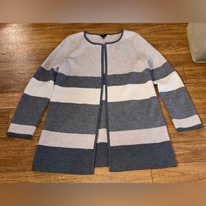 Talbots Stripes Gray Tan 100% Merino Wool Open Front Cardigan